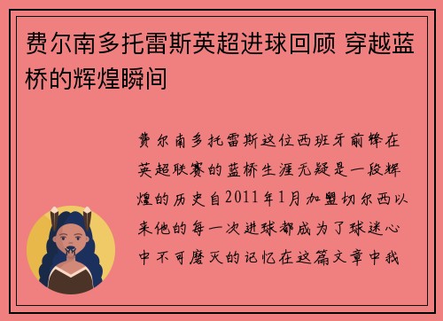 费尔南多托雷斯英超进球回顾 穿越蓝桥的辉煌瞬间