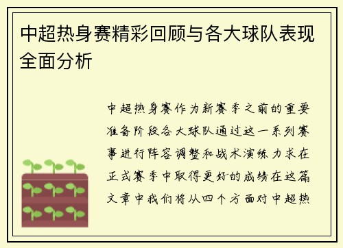 中超热身赛精彩回顾与各大球队表现全面分析