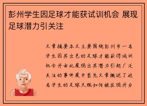 彭州学生因足球才能获试训机会 展现足球潜力引关注